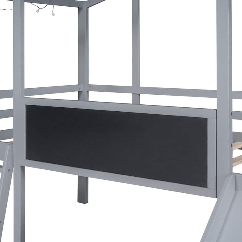 Twin Size Loft Bed House Bed with Slide, Light Strip and Blackboard