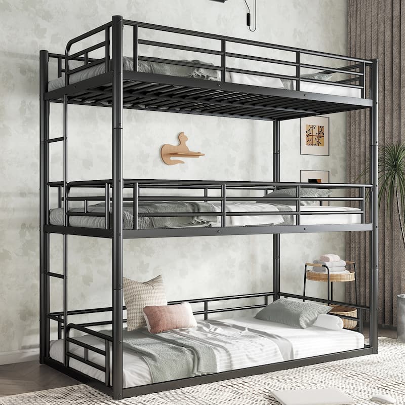 Twin over Twin over Twin Bunk Bed, Metal Triple Bunk Bed with Safety Guardrails, Heavy-duty Bunk Bed with Noise-reduced Design - Black