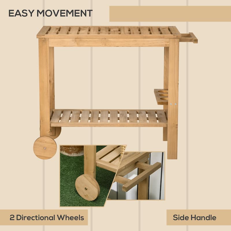 Outsunny Outdoor Bar Cart, Wood Rolling Home Bar & Serving Cart with 2 Shelves, Wine Bottle Holders for Garden