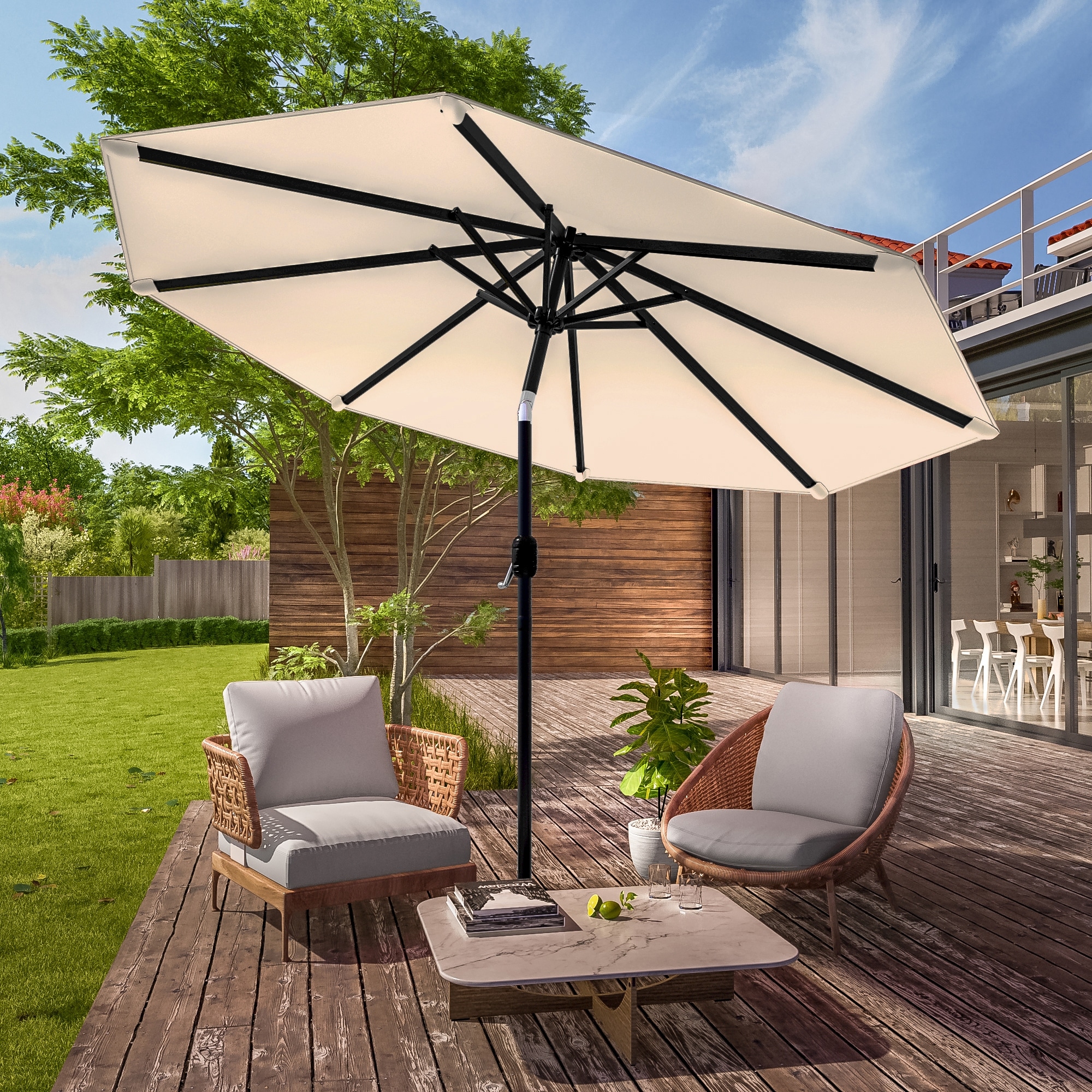 LIVOOSUN 9Ft Large Round Outdoor Patio Market Umbrella with Crank and 8 Ribs, Gray