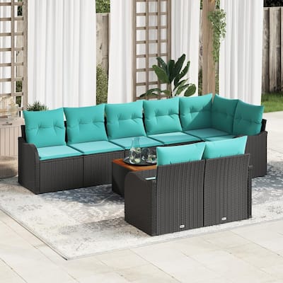 vidaXL 9 Garden Sofa Set with Cushions Black Poly Rattan - 113.2 x 48.2 x 27.2
