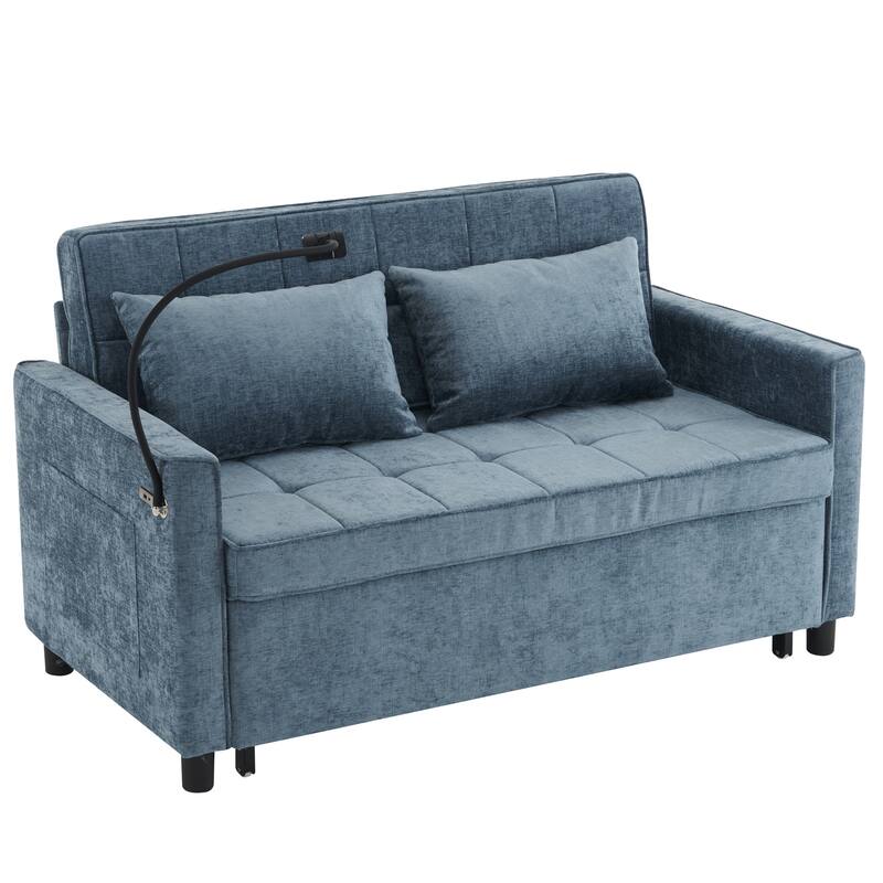 Roomfitters Loveseat Pull-Out Sofa Bed with Reversible Backrest Cushion, Side Pockets, USB Ports, and Phone Holder