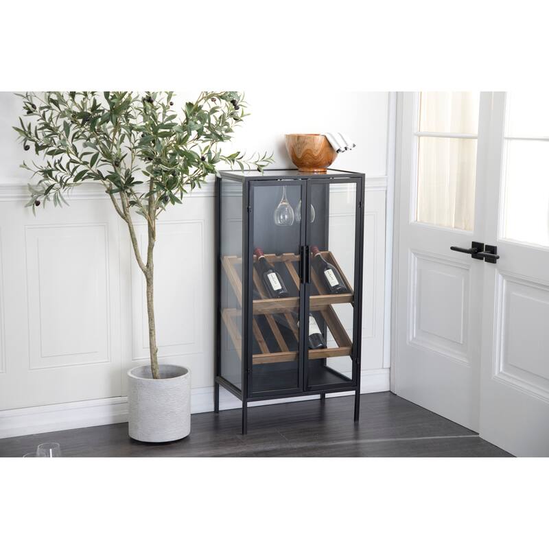 Metal 10-Bottle Wine Rack with Wine Glass Holders and Wood Accents - Black or White - Black