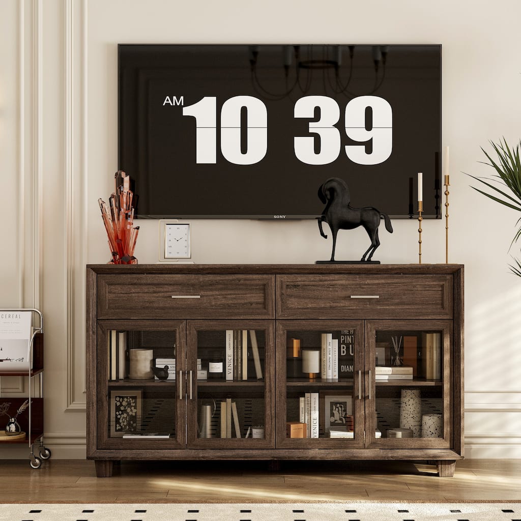 Glass Storage Cabinet with Doors,TV Stand for Living Room,Pantry,Brown/White
