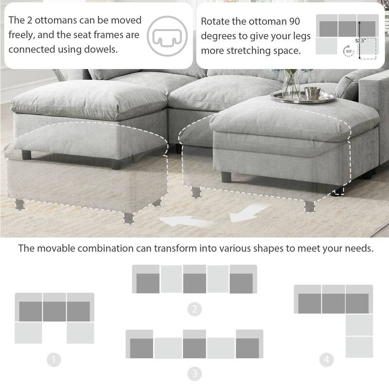 Roomfitters 86.5" Chenille Modular Sectional Sofa, Storage Pockets, 5 Seat U-Shaped Couch with Pillows & 2 Ottomans