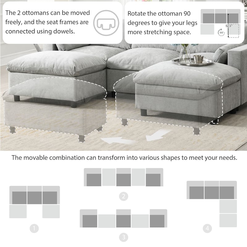 U-Shaped Modular Sectional Sofa, Modern 5 Seater Modular Sectional Couch with Movable Ottoman, Pillows, Storage Pockets