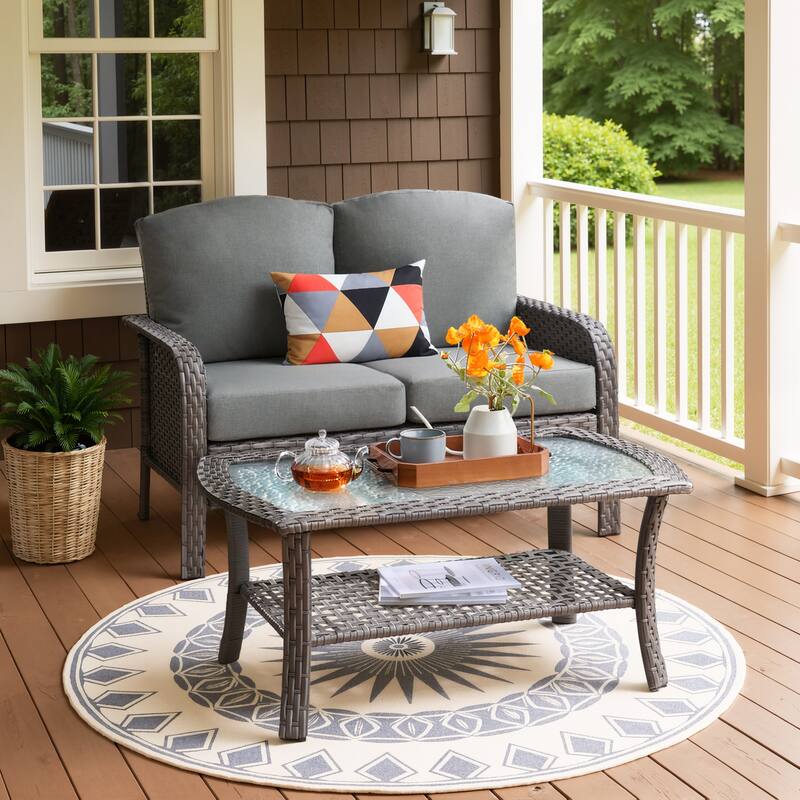 XIZZI 2-Piece Outdoor Wicker Loveseat with Coffee Table - Dark Grey