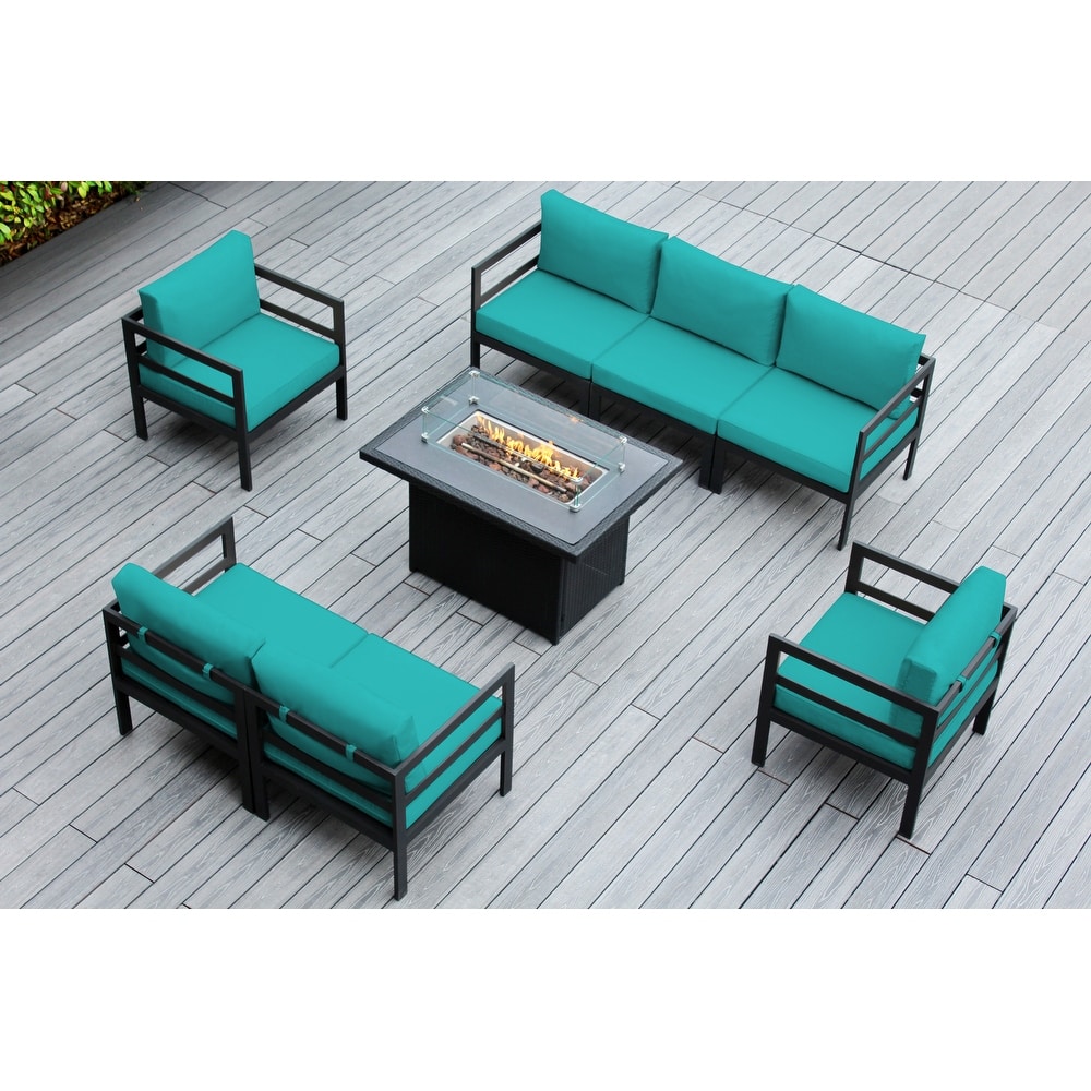 Ohana Outdoor 8-pc. Cushioned Aluminum Sectional with 42" Fire Table