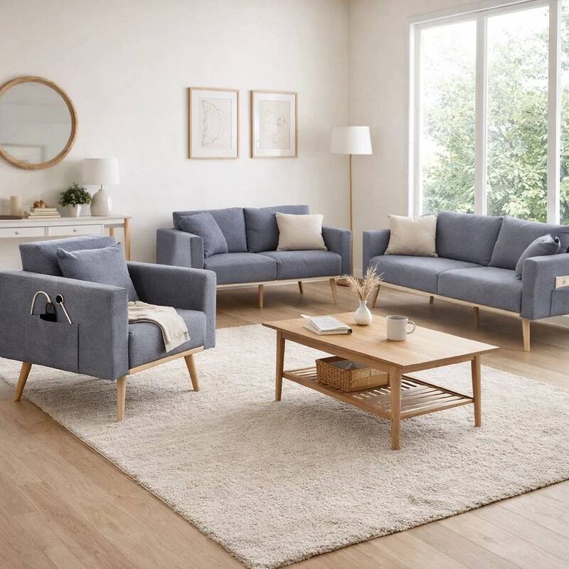 Odin 3 Piece Sofa Set with Loveseat and Chair, Tufted Cushions, Gray Velvet