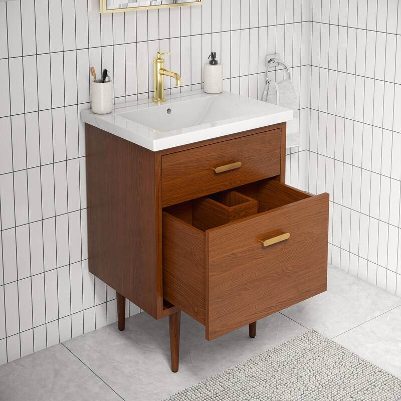 Brandy Integrated Ceramic Sink Top Vanity in Honey Walnut with Satin Gold Single Faucet