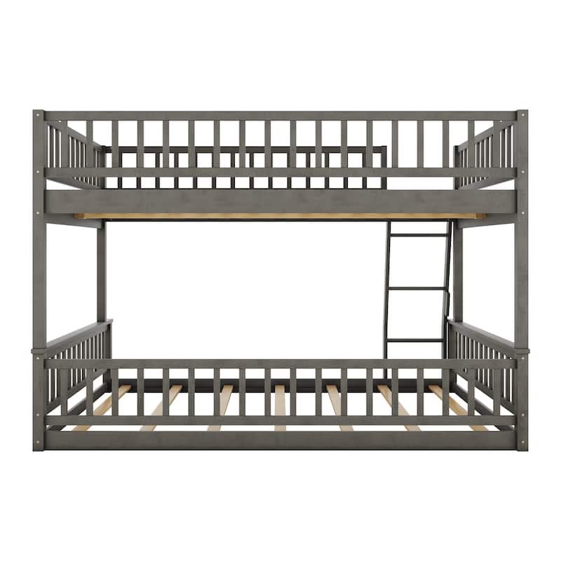Floor Bunk Bed with Ladder and Guardrails, Full XL Over Queen Bed