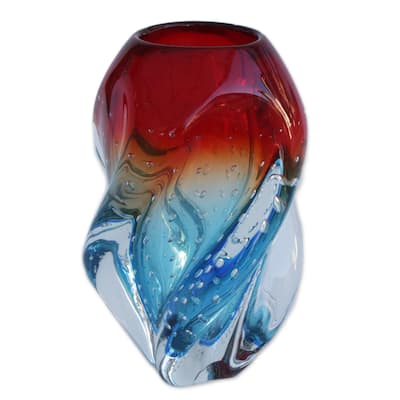 Novica Handmade Blue And Red Twist Art Glass Vase