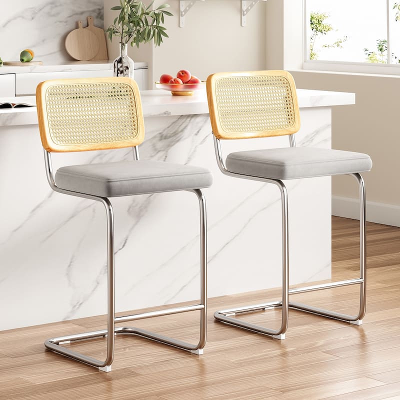 Counter Height Bar Stools Set of 2, Upholstered Velvet Barstools with Rattan Back, 24 inch Stools Armless Bar Chairs