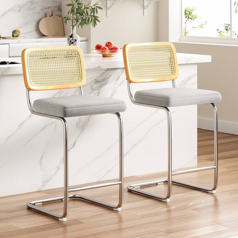 Dining Chairs Set of 2, Mid-Century Modern Kitchen Chairs with Rattan Backrest & Metal Frame, Boucle Upholstered Accent Chairs
