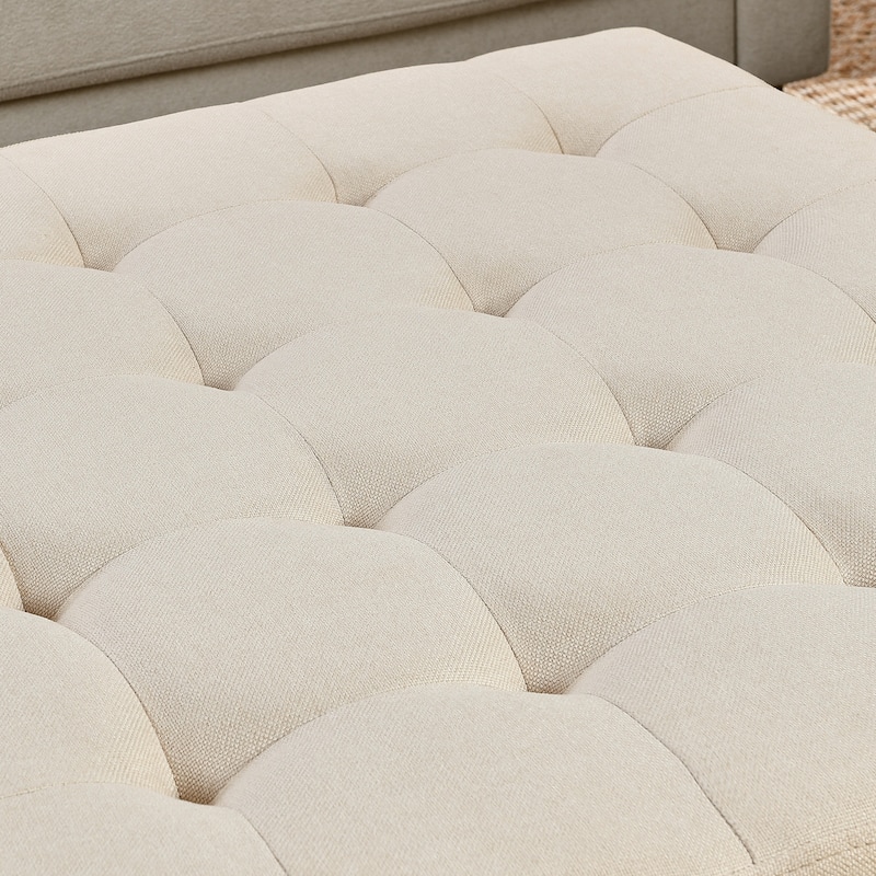 Coffee Table Tufted Linen Large Square Ottoman with Beech Wood Shelf and Frame,Oversized Footrest Ottoman for Living Room