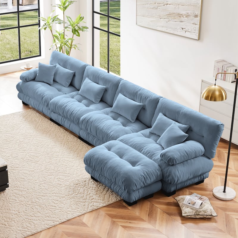 4-Seater L-Shaped Free Combination Modular Sofa with Convertible Ottoman - Blue