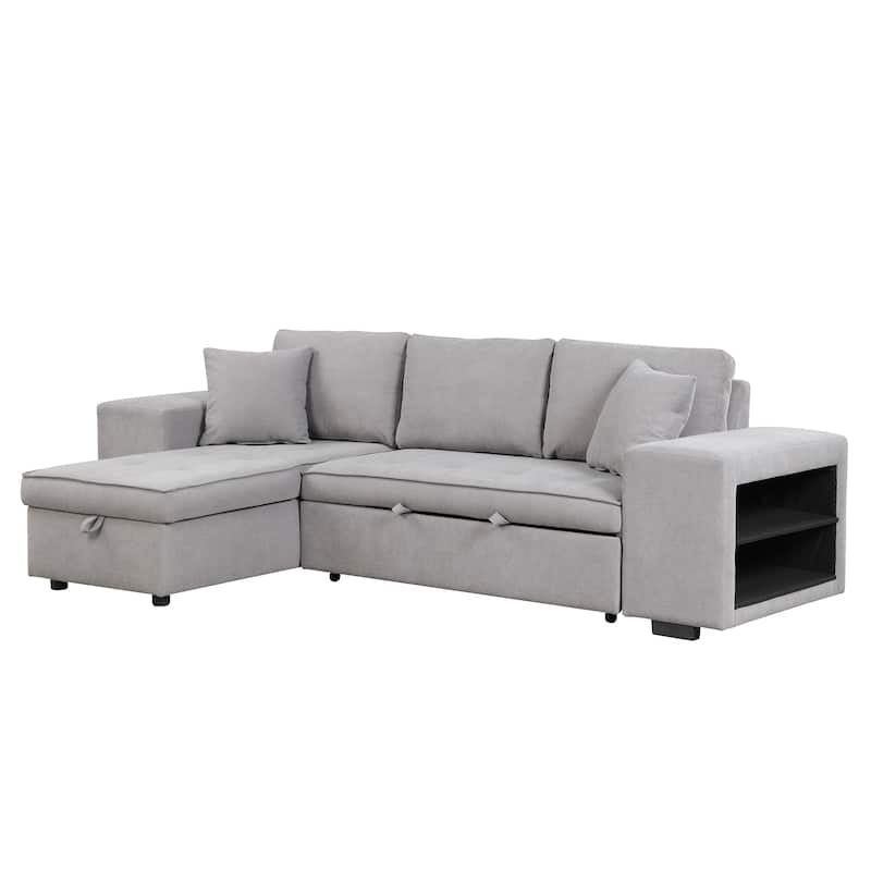 104.5" Linen L-Shaped Sectional Sofa Bed with Stools