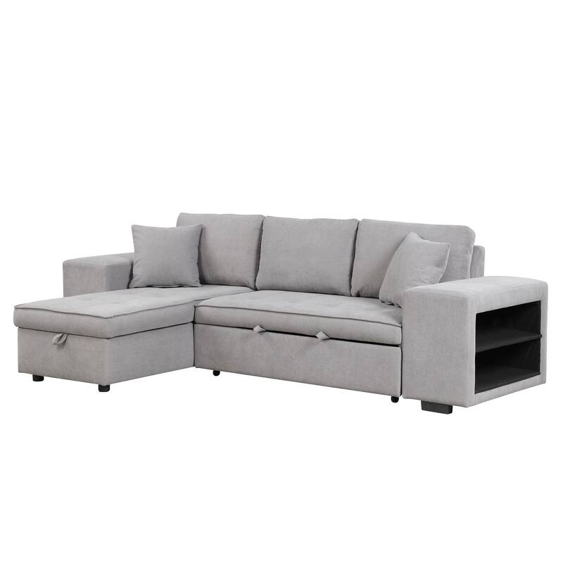 Convertible Sleeper Sectional Sofa, Reversible Sofa with Pull-Out Bed, Storage Chaise & 2 Stools, Linen Upholstered 4 Seat Sofa