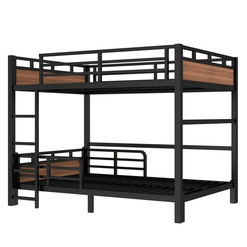 Full over Full Metal Bunk Bed with Security Fence, Walnut, Separable, Space-Saving Design
