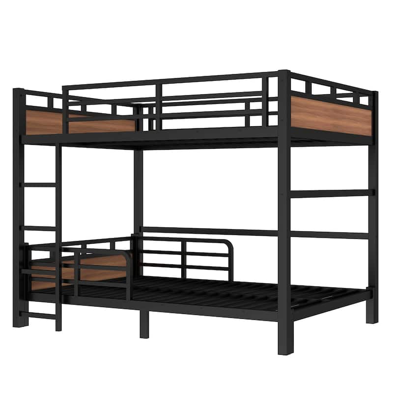 Roomfitters Twin/Full/Queen Metal Bunk Bed & Loft Bed with Raised Safety Fence, Convertible Platform Design, Vintage Wood
