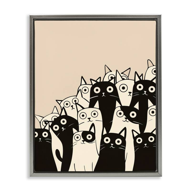 Stupell Fun Modern Black & White Cats Framed Floater Canvas Wall Art Design By Arlington Prints - 25 x 31 - Grey