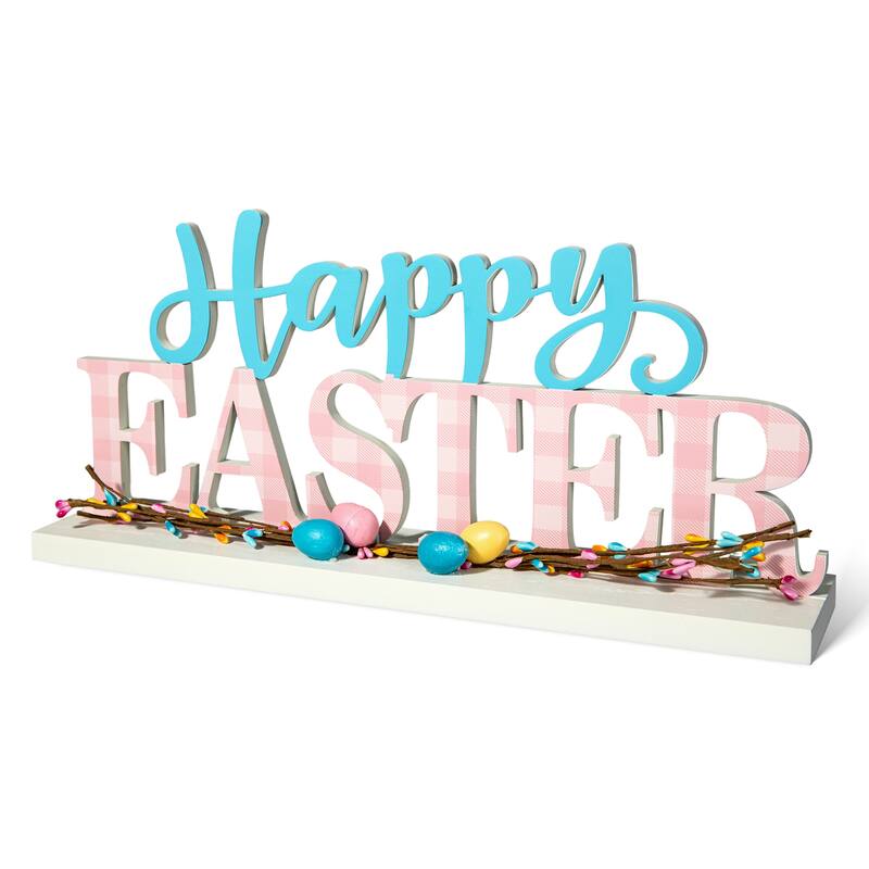 Glitzhome Wooden EASTER HOP Happy Easter with Artificial Rattan Table Sign Decor Centerpiece
