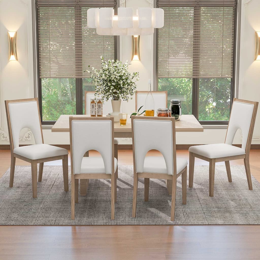 Dining Table Set for 6, Farmhouse Rectangular Dining Table and 6 Upholstered Chairs Ideal for Dining Room