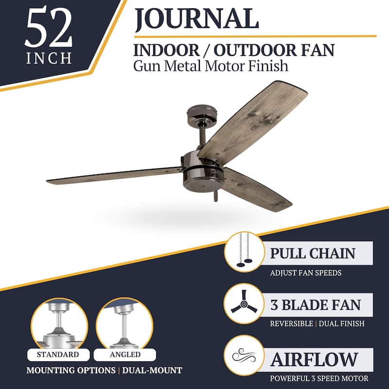 52" Prominence Home Journal Gun Metal Contemporary Indoor/Outdoor Ceiling Fan, Damp Rated with Pull Chains - 52-inch