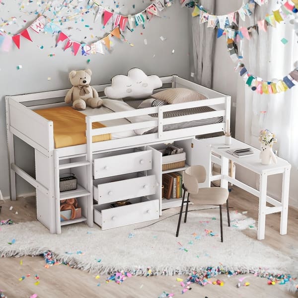 slide 2 of 11, Twin Size Low Loft Bed With Pull-Out Desk,Drawers,Cabinet and Shelves for Home White