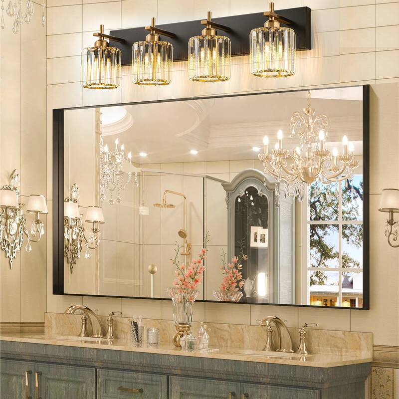 Mid-Century Modern Dimmable Bathroom Vanity Light Crystal Glass Wall Sconce - 28" - Black & Gold