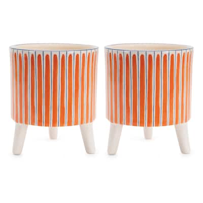 Striped Dolomite Planters with Legs - 5.75" - Orange and Blue - Set of 2