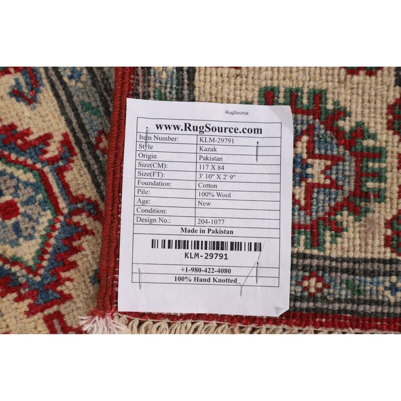 Geometric Red Kazak Accent Rug Hand-Knotted Bedroom Wool Carpet - 2'9" x 3'10"