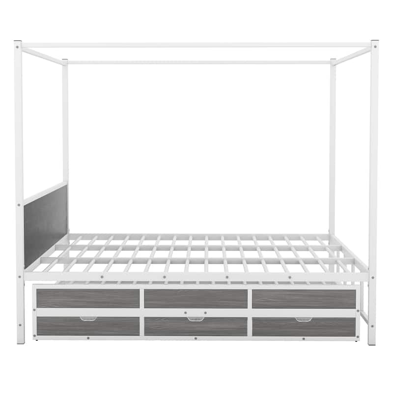 Queen Size Canopy Platform Bed with Twin Size Trundle and 3 Drawers