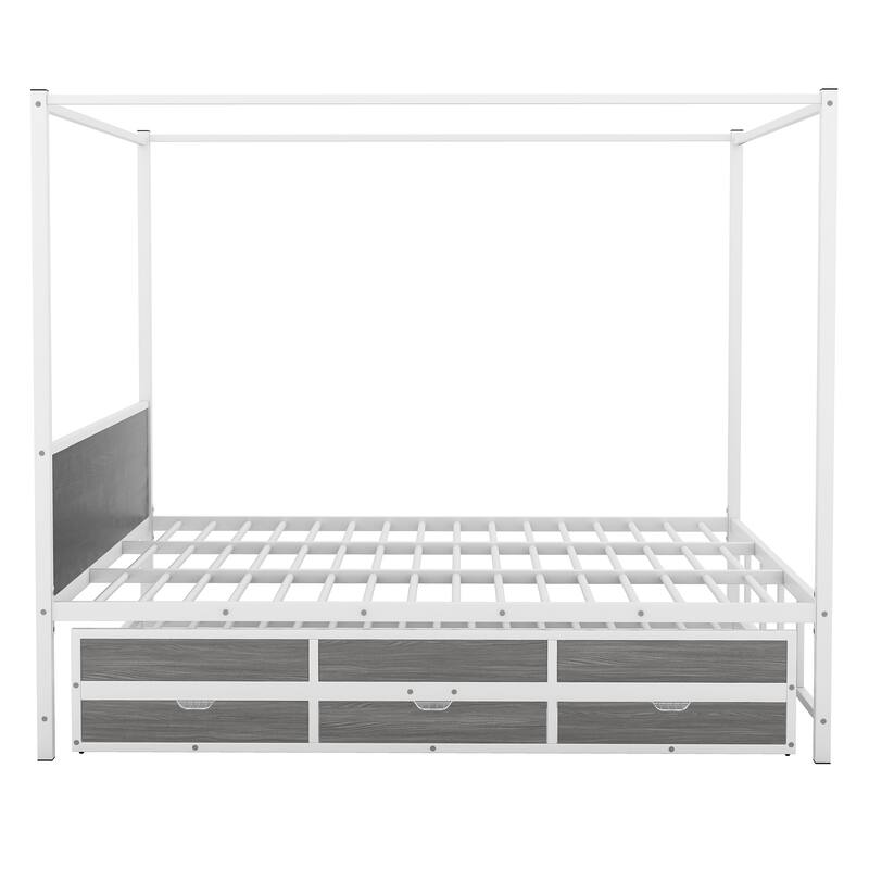Queen Size Canopy Platform Bed with Twin Size Trundle and 3 Drawers