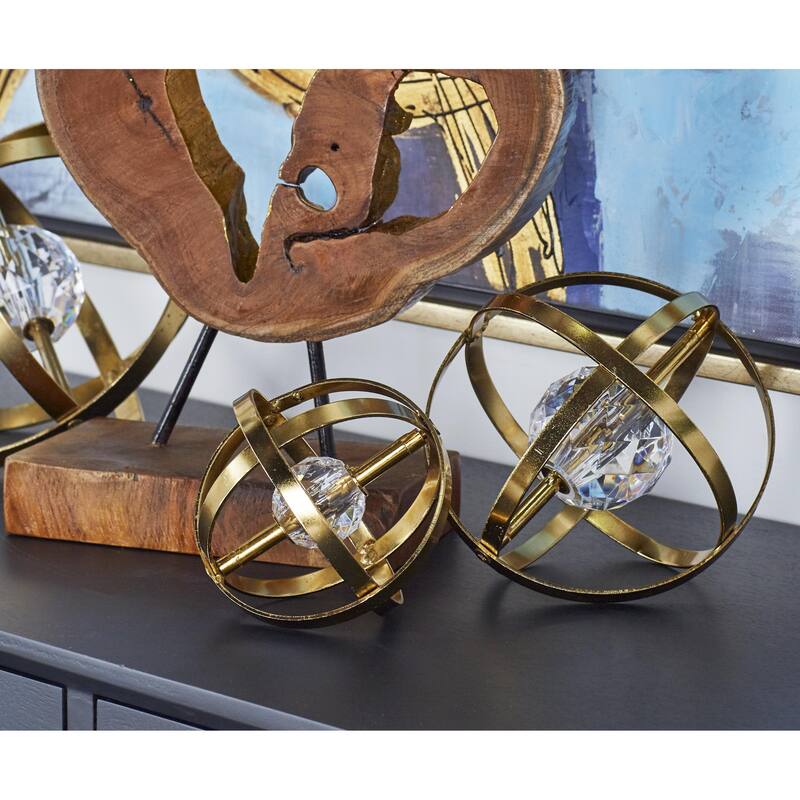 Metal Geometric Orb Decorative Sculpture with Acrylic Center - Set of 3 Gold or Silver - Roche River Decor