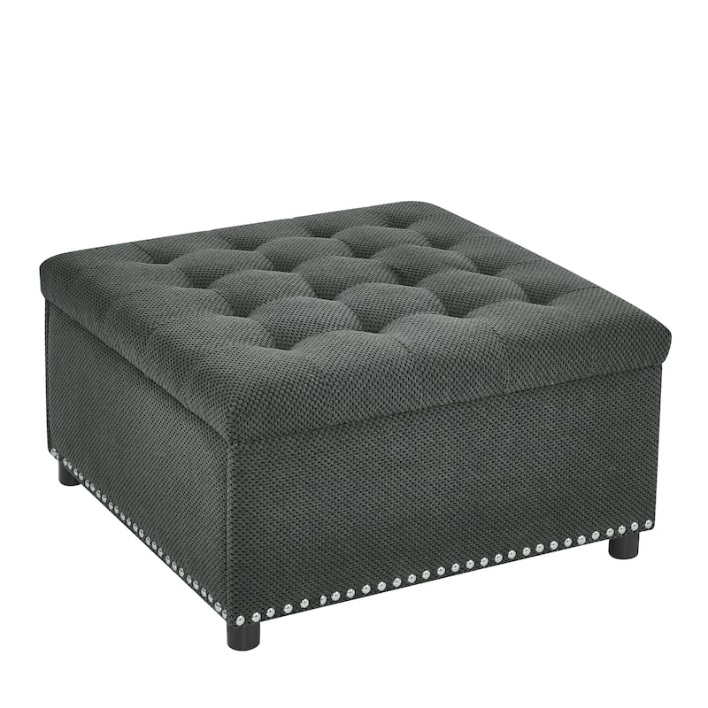 Square Tufted Upholstered Storage Ottoman with Nailhead Trim