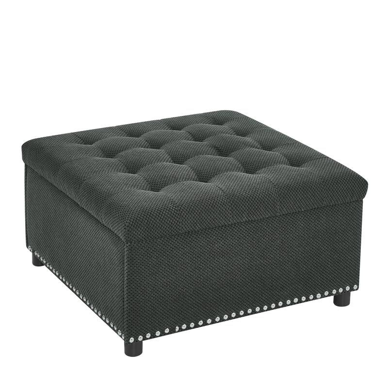 Storage Ottoman,Tufted Footstool, Nailhead Trim Ottoman, Square Storage Ottoman, Upholstered Coffee Table, Bedroom Storage