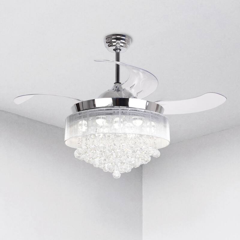 Modern Chrome 46-inch LED Crystal Chandelier Ceiling Fan with Remote Control, Retractable Blades, 3000K/4000K - 46" W x 12.5" H