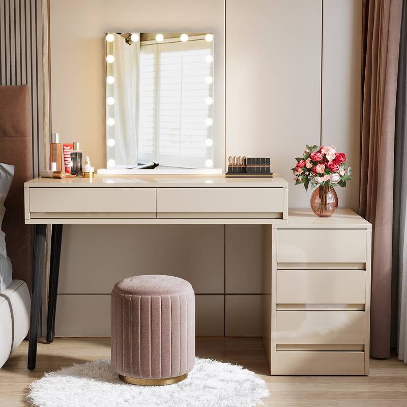 Reversible Vanity Desk with 5 Drawers, Glossy White Dressing Table - Oak