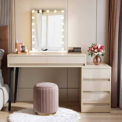 Reversible Vanity Desk with 5 Drawers, Glossy White Dressing Table