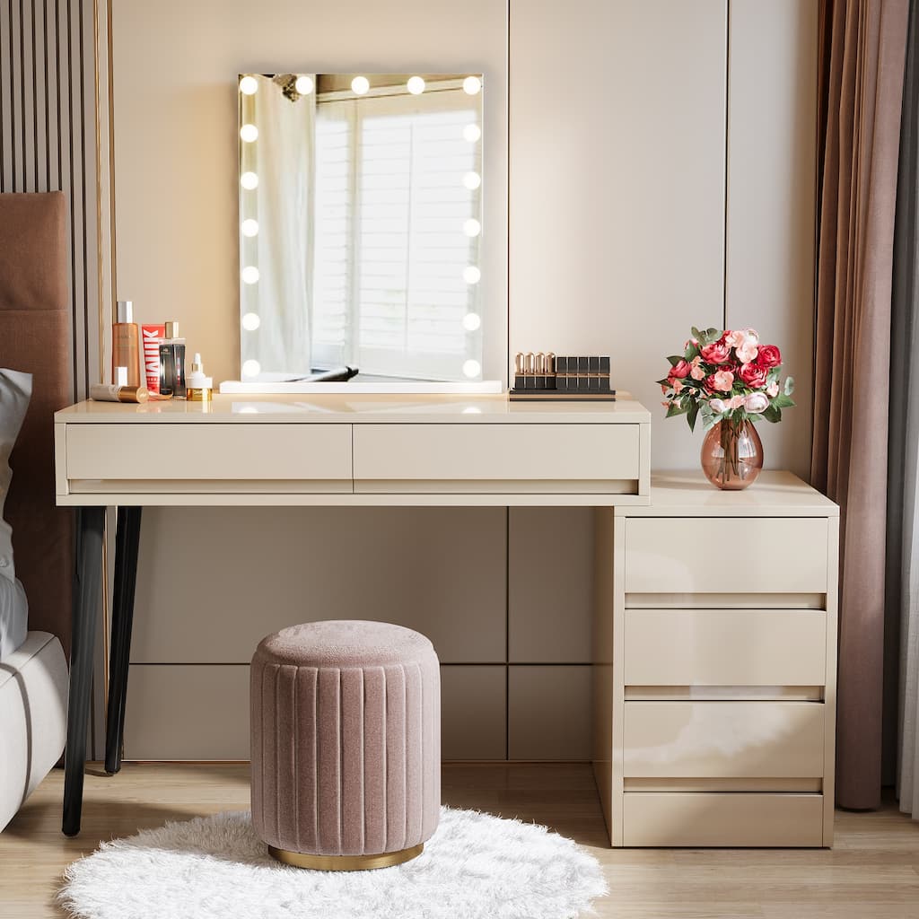 Reversible Vanity Desk with 5 Drawers, Glossy White Dressing Table