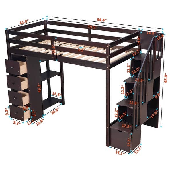 dimension image slide 2 of 3, Twin Size Loft Bed with 4 Storage Drawers and Stairs