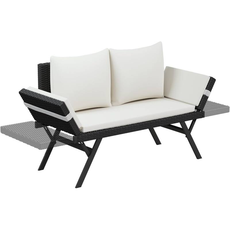 BOSSIN All-Weather Rattan Convertible Daybed - Outdoor Sofa w/ Adjustable Arms & Waterproof Cushions - Patio, Poolside, Porch - New Beige