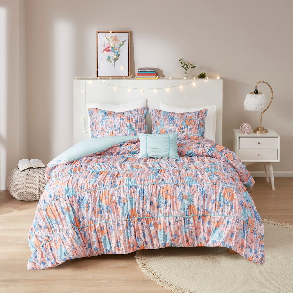 Eloise Pink/ Blue Floral Printed Ruched Comforter Set by Intelligent Design