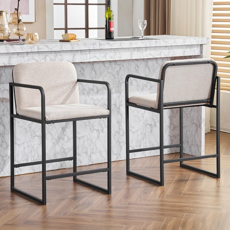 Set of 2 Modern Upholstered Counter Height Bar Stools - Armrests, Metal Frame, Padded Seat