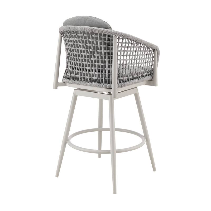 Rhodes Outdoor Patio Swivel Bar Stool in Aluminum with Rope and Cushions