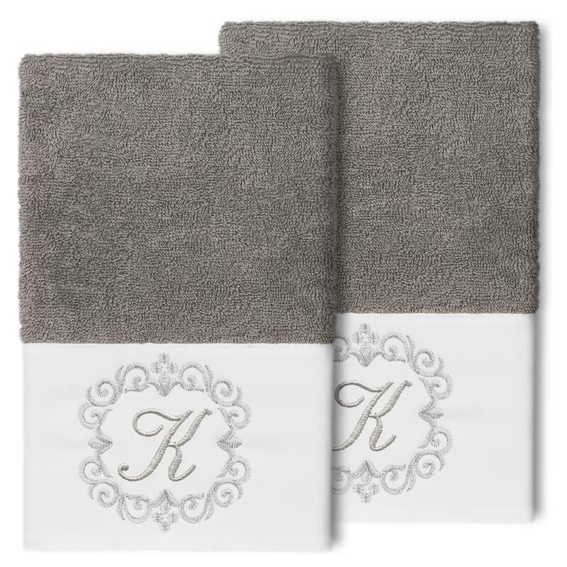 Authentic Hotel and Spa 100% Turkish Cotton Monica 2PC Embellished Hand Towel Set - K - Dark Gray