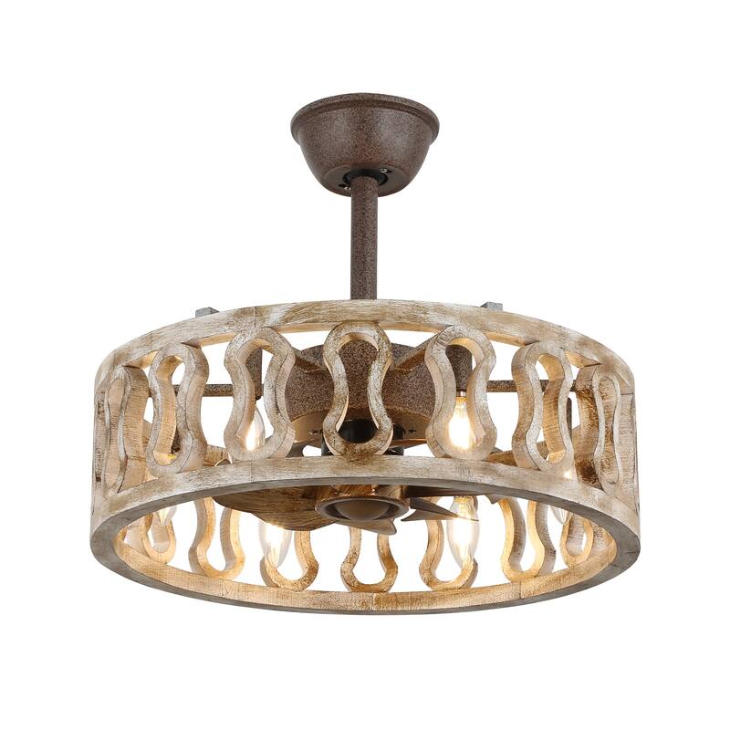 18 Inch Vintage Farmhouse Caged Ceiling Fan with Lights and Remote, 6-Speed Reversible Bladeless Ceiling Fan Fandelier - 18"