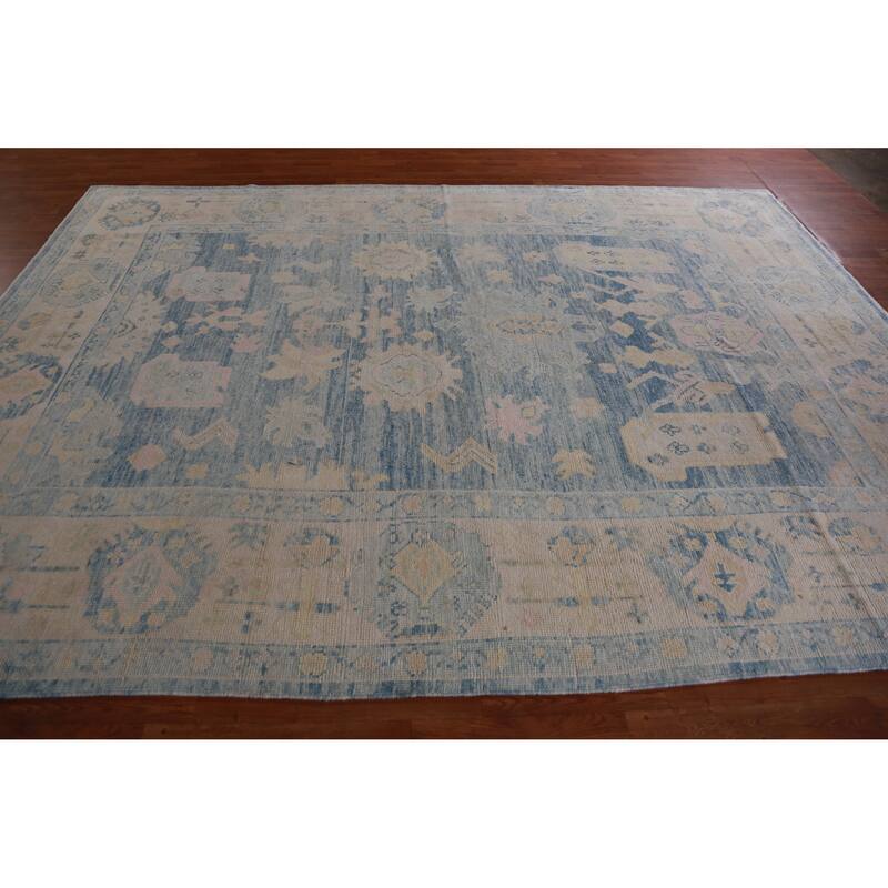 Hand Knotted Oriental 100% Wool Carpet Transitional All-Over Navy Blue & Blues Oushak Area Rug - 11' 5'' X 8' 3''