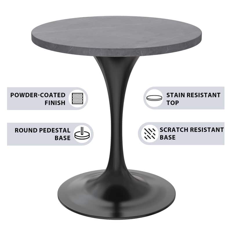 LeisureMod Verve 27" Round Dining Table with Sintered Stone TableTop and Black Steel Base for Kitchen & Dining Room - 27.56